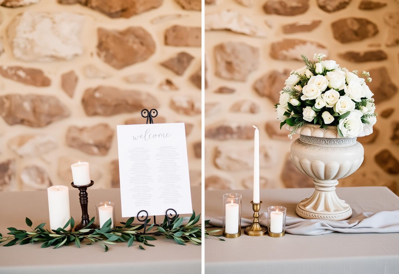 Décoration de bienvenue, urne de pierre et fleurs blanches