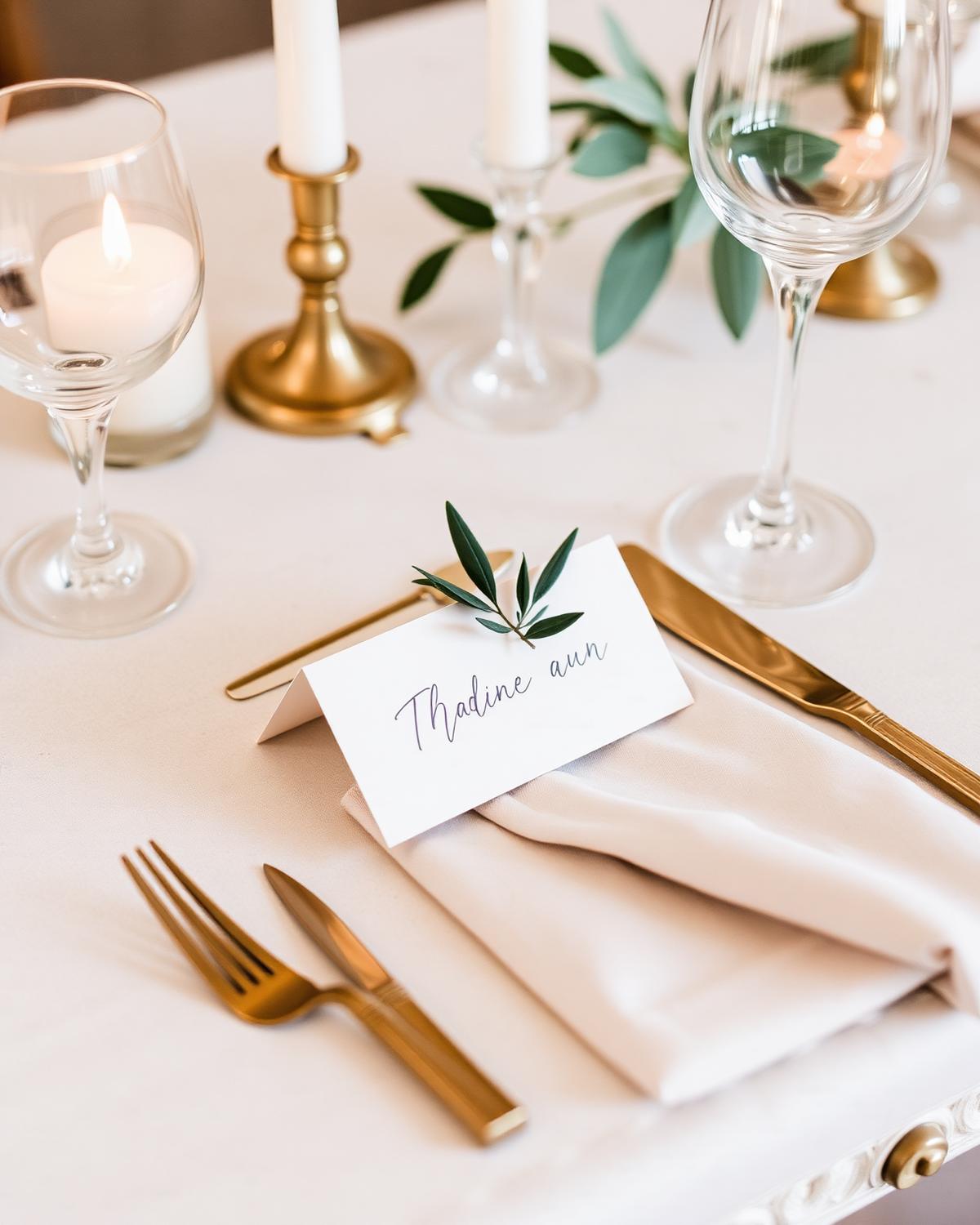 Menu calligraphié et marque-place sur nappe de lin