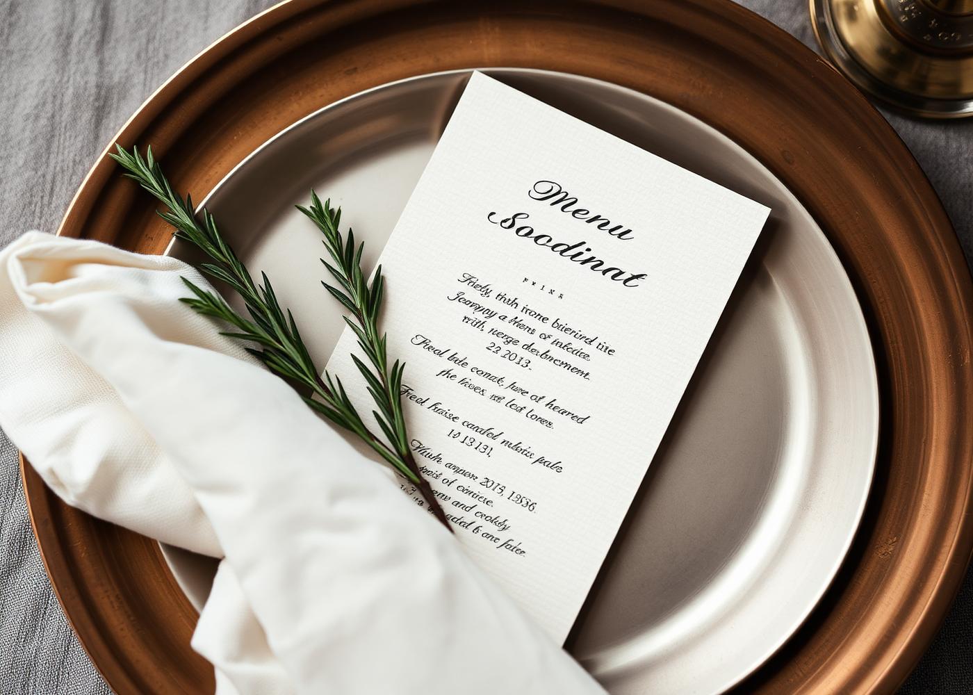 Menu sur assiette de bronze et serviette de lin