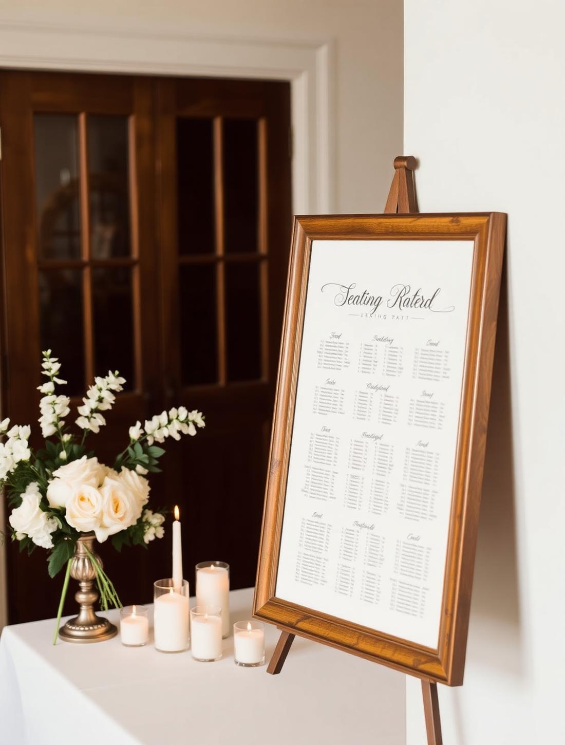 Plan de table encadré près de fleurs blanches