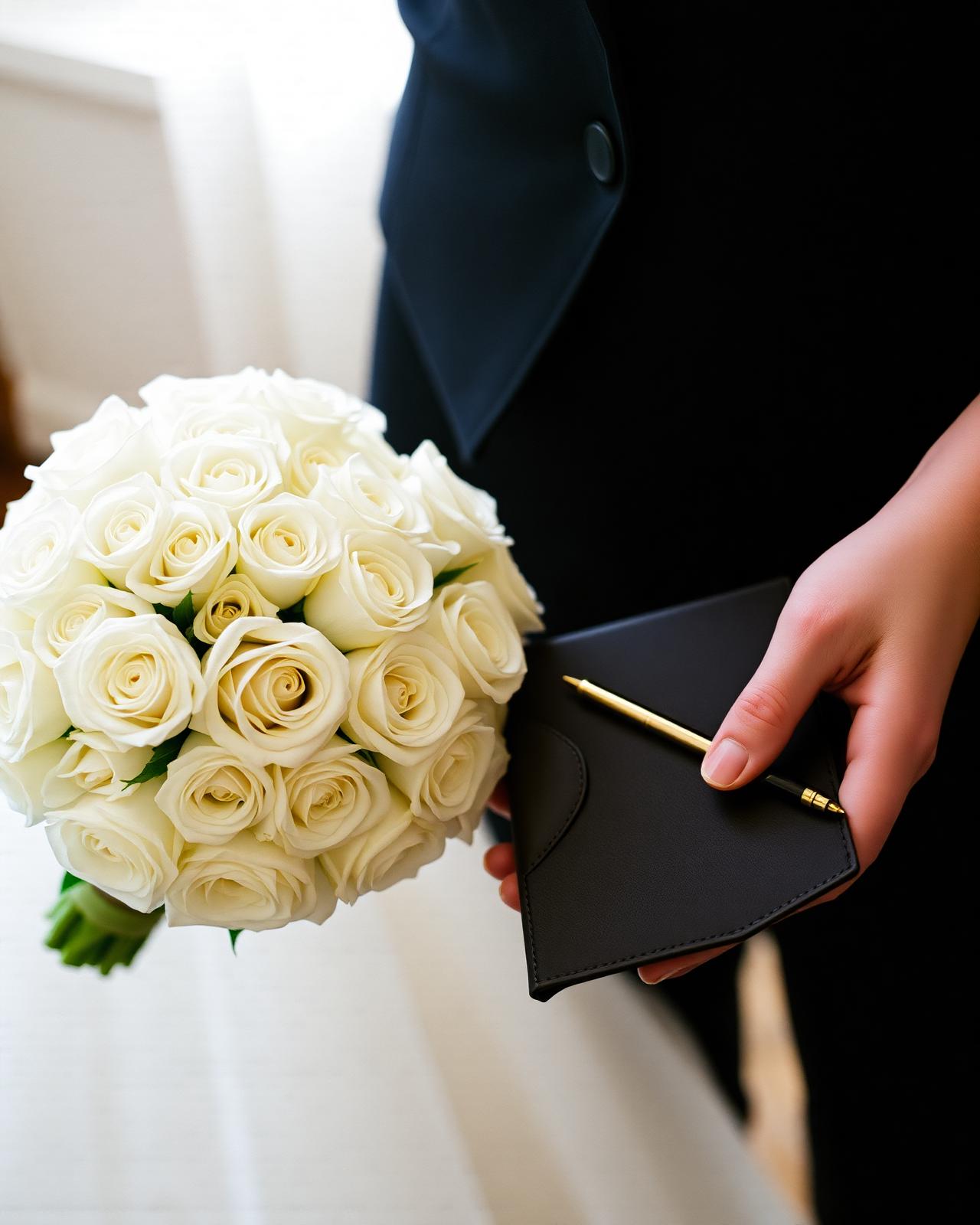 Mains tenant un carnet de coordination en cuir près d'un bouquet de roses blanches