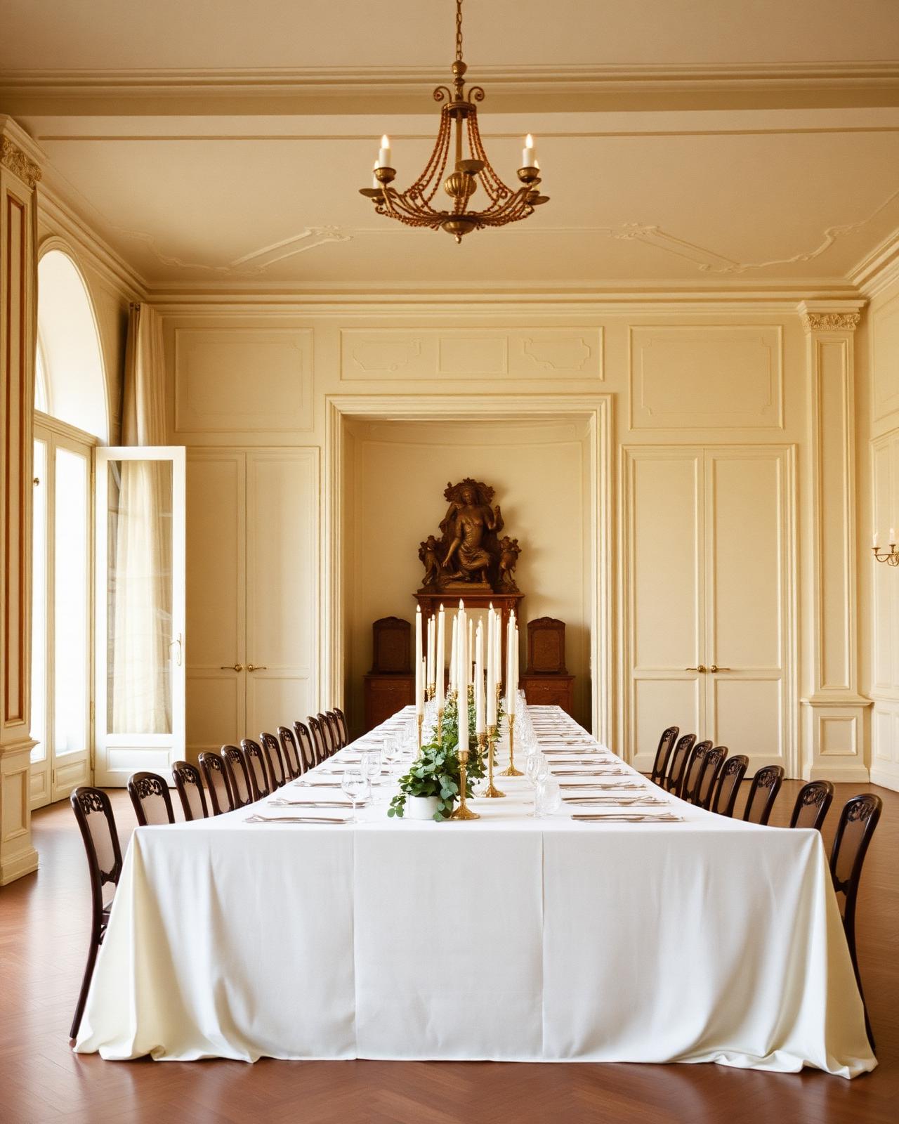Grande table dressée de lin ivoire dans une salle de réception de château