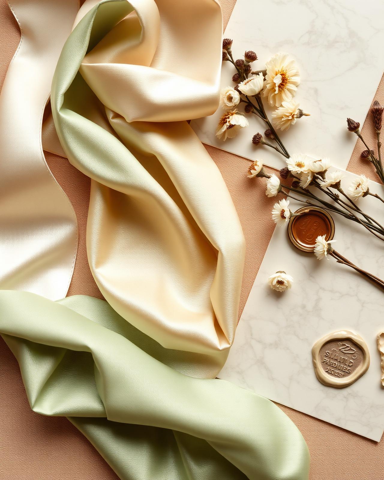 Moodboard de rubans de soie ivoire, tissu vert sauge, papier marbré et sceaux de cire