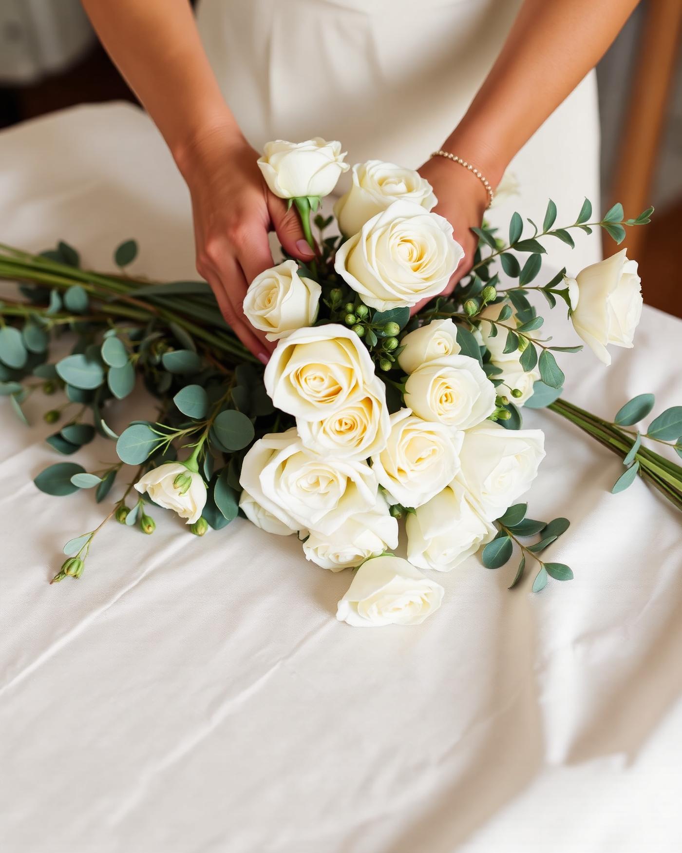 Mains arrangeant des roses blanches sur une nappe de lin