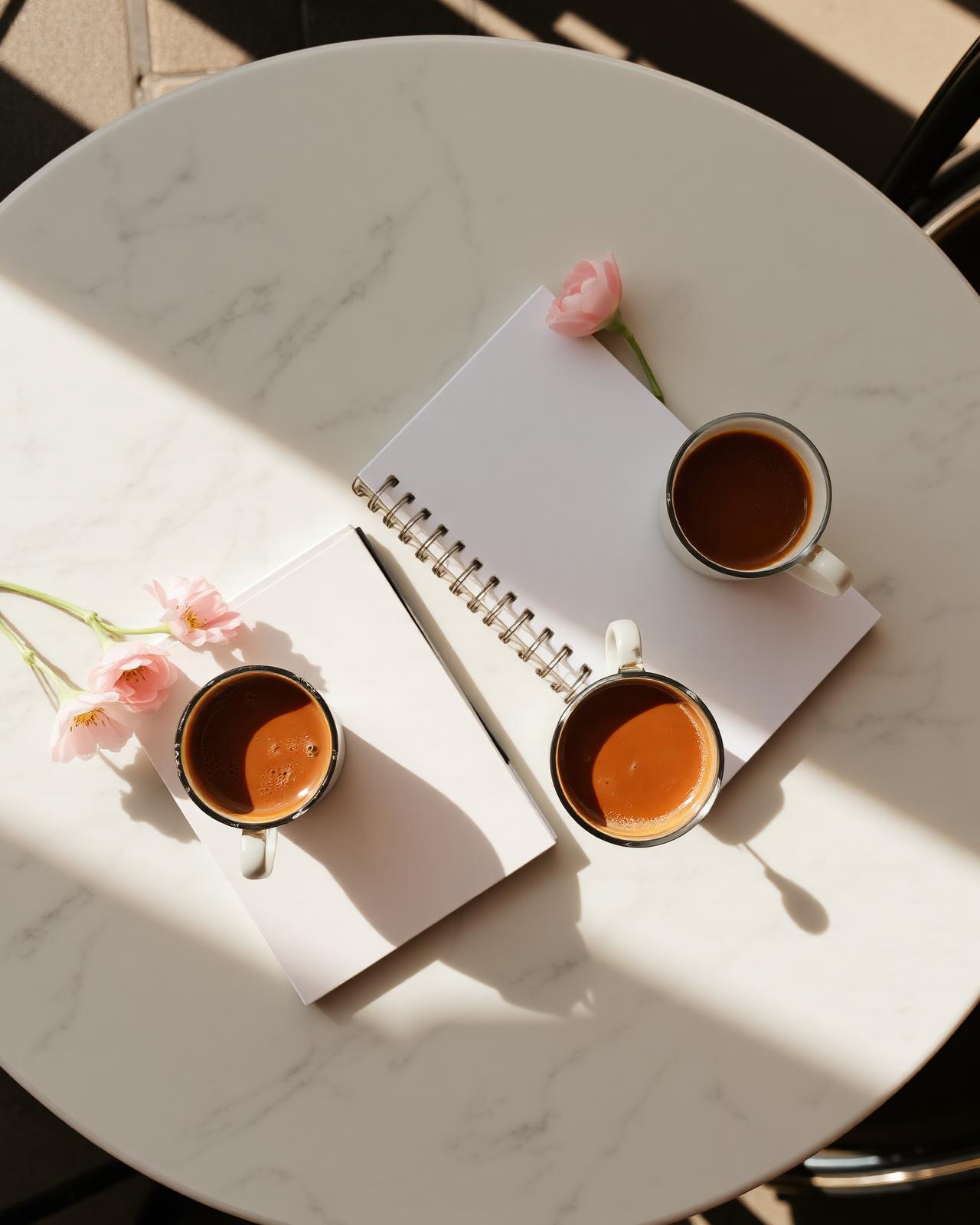 Deux tasses de café sur une table en marbre, avant un rendez-vous Maison Perla